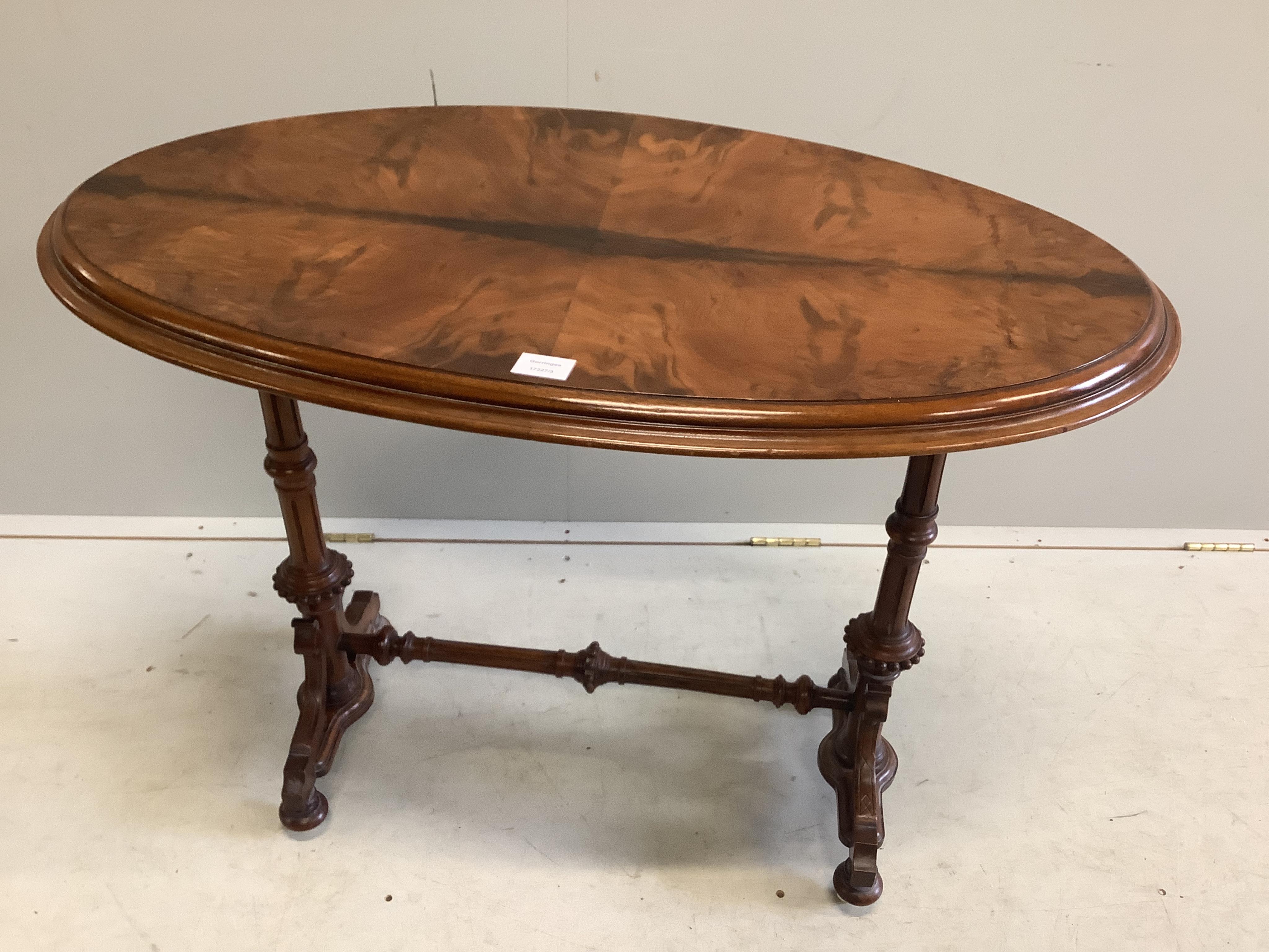 A Victorian oval walnut centre table, width 98cm, depth 55cm, height 71cm. Condition - fair